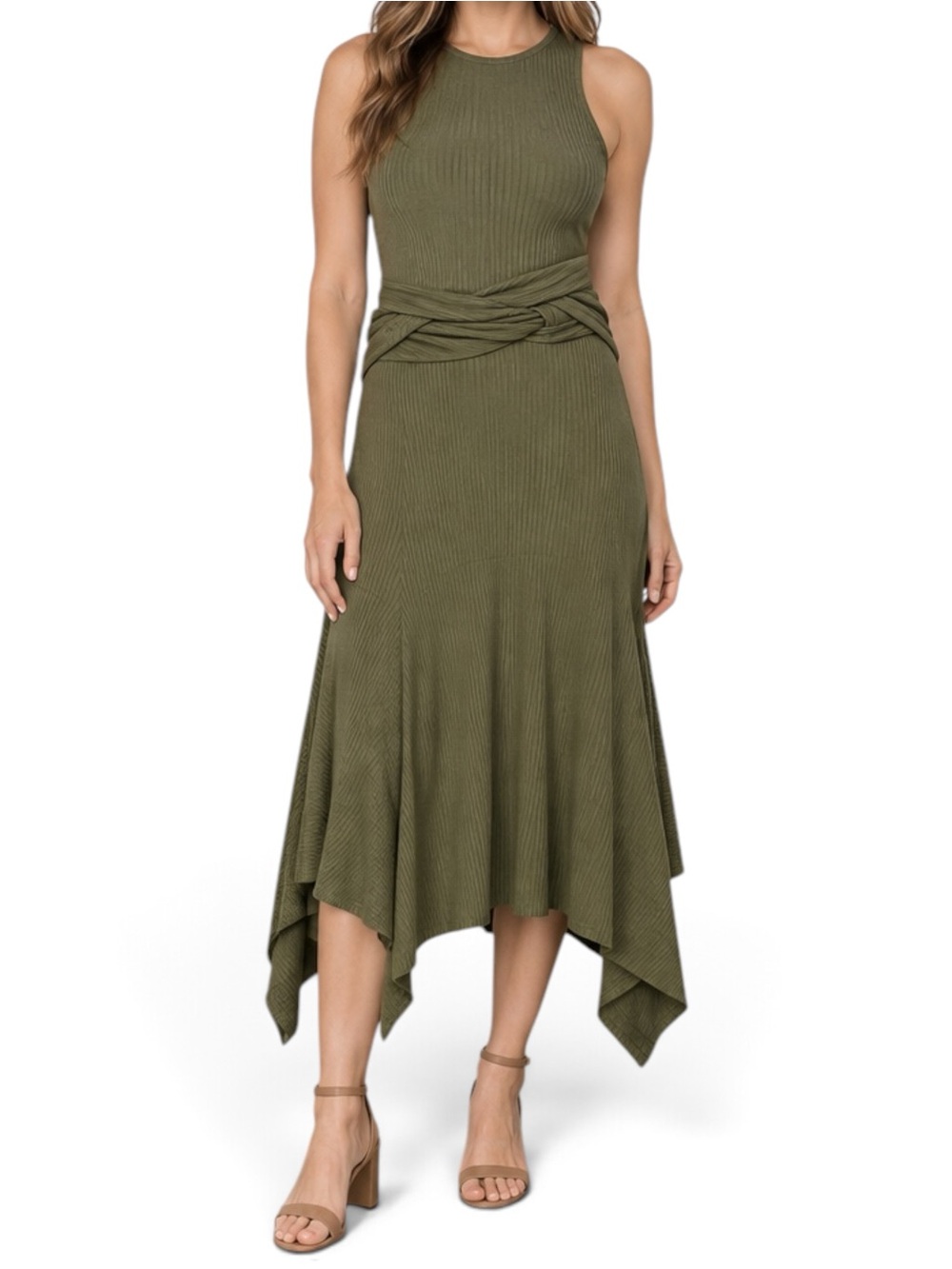Anthropologie Kingsolver Dress XL Moss Green Ribbed Handkerchief Hem NWT
